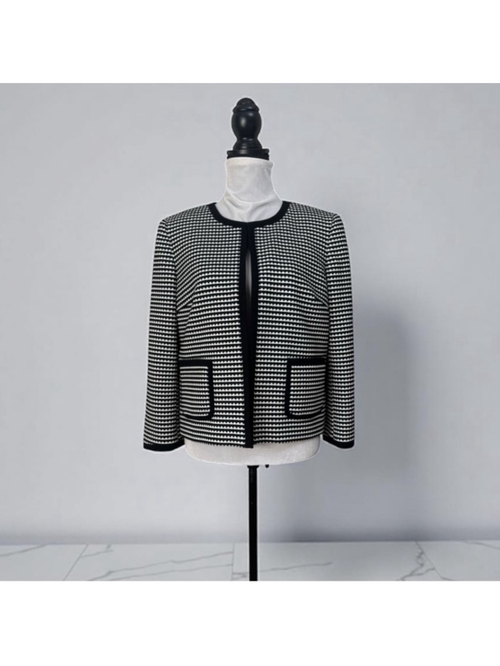 Nine West Contemporary modern black white check print blazer suit jacket size 10